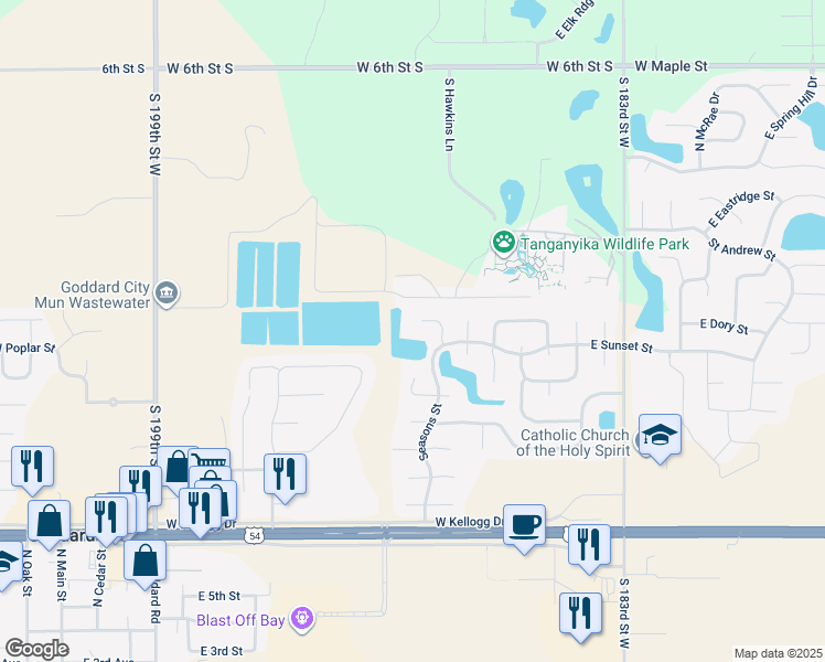 map of restaurants, bars, coffee shops, grocery stores, and more near 1428 East Sunset Court in Goddard