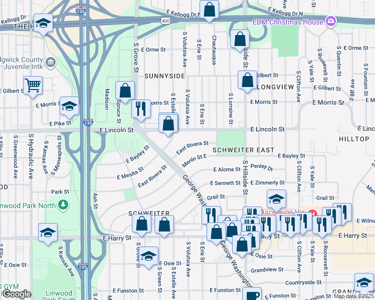 map of restaurants, bars, coffee shops, grocery stores, and more near 2741 East Rivera Street in Wichita