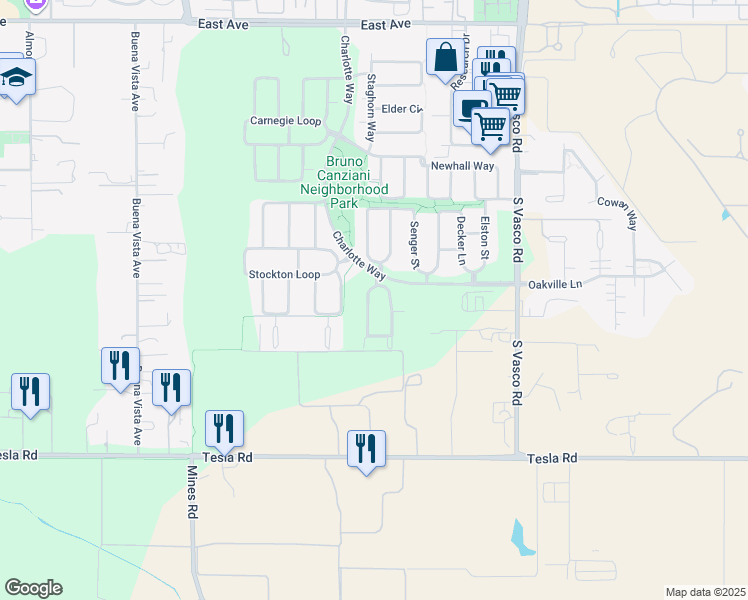 map of restaurants, bars, coffee shops, grocery stores, and more near 2524 Kellogg Loop in Livermore