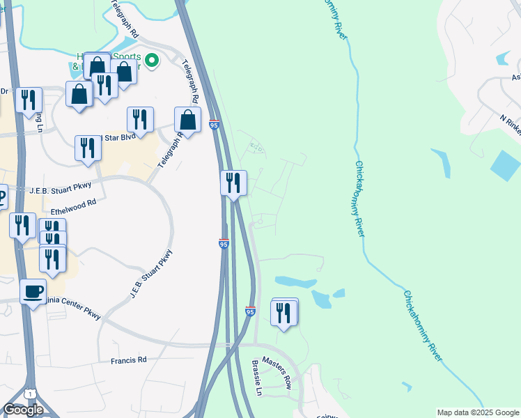 map of restaurants, bars, coffee shops, grocery stores, and more near 4007 Ironwoods Walk Drive in Glen Allen