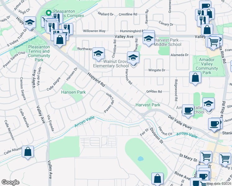 map of restaurants, bars, coffee shops, grocery stores, and more near 5432 Elmridge Court in Pleasanton
