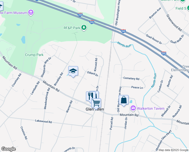map of restaurants, bars, coffee shops, grocery stores, and more near 2909 Dillard Drive in Glen Allen