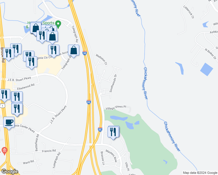 map of restaurants, bars, coffee shops, grocery stores, and more near 4015 Ironwoods Walk Drive in Glen Allen