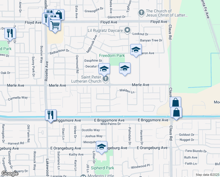 map of restaurants, bars, coffee shops, grocery stores, and more near in Modesto