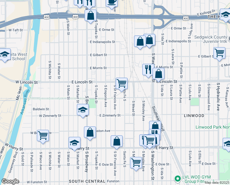 map of restaurants, bars, coffee shops, grocery stores, and more near 1237 Saint Francis South in Wichita