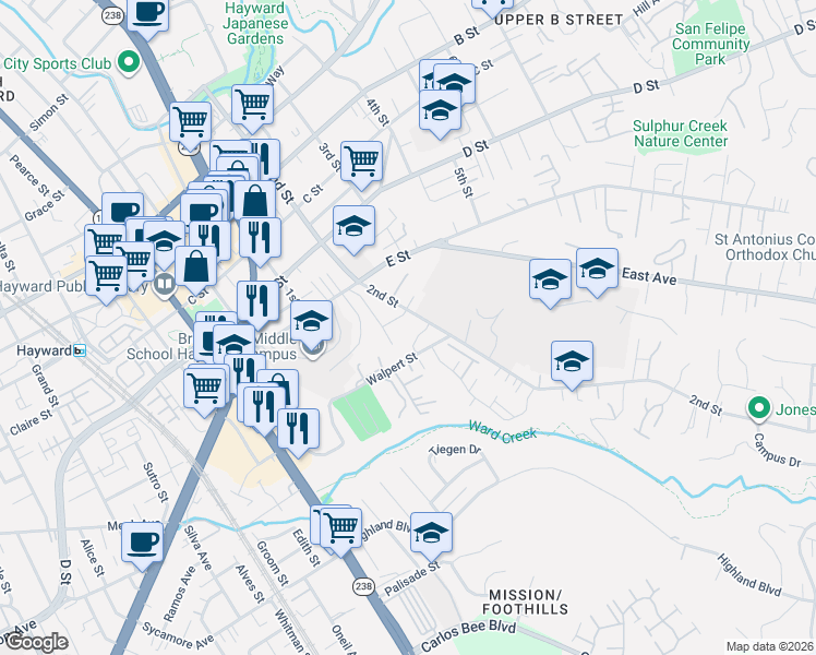 map of restaurants, bars, coffee shops, grocery stores, and more near 24035 2nd Street in Hayward