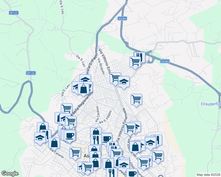 map of restaurants, bars, coffee shops, grocery stores, and more near 17A Via Euripide in Adrano