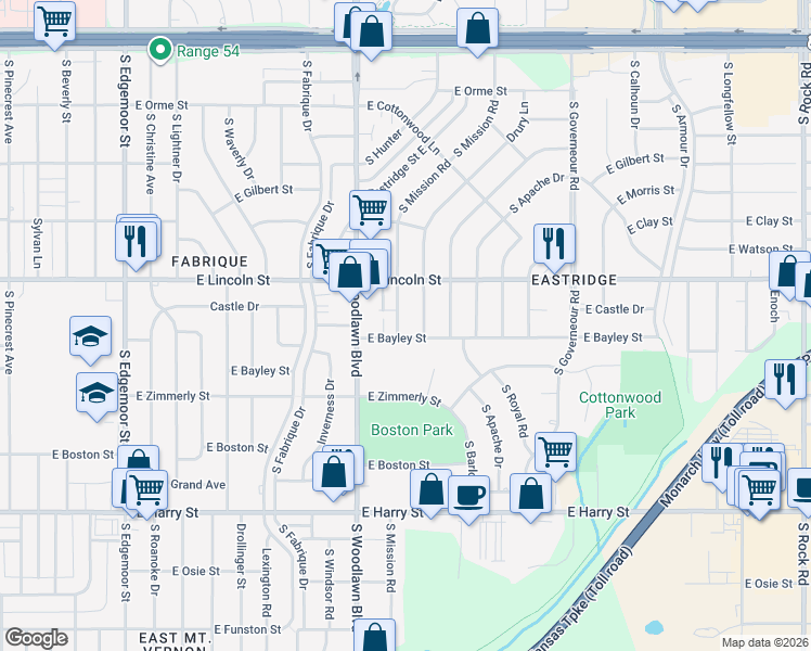 map of restaurants, bars, coffee shops, grocery stores, and more near 930 South Mission Road in Wichita