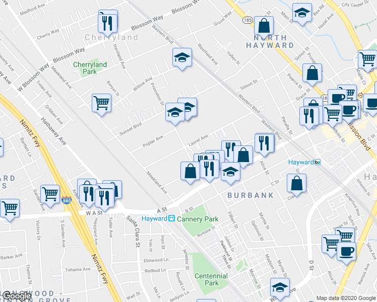 map of restaurants, bars, coffee shops, grocery stores, and more near 22330 Princeton Street in Hayward