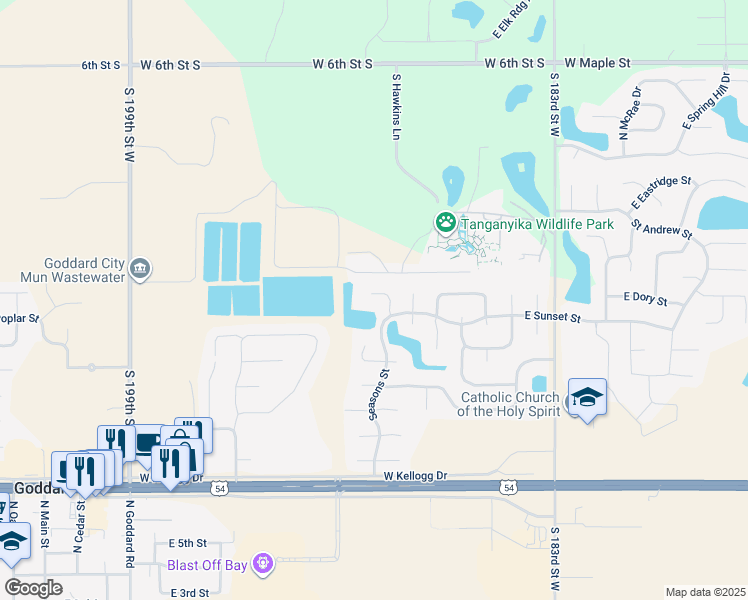 map of restaurants, bars, coffee shops, grocery stores, and more near 1412 East Sunset Court in Goddard