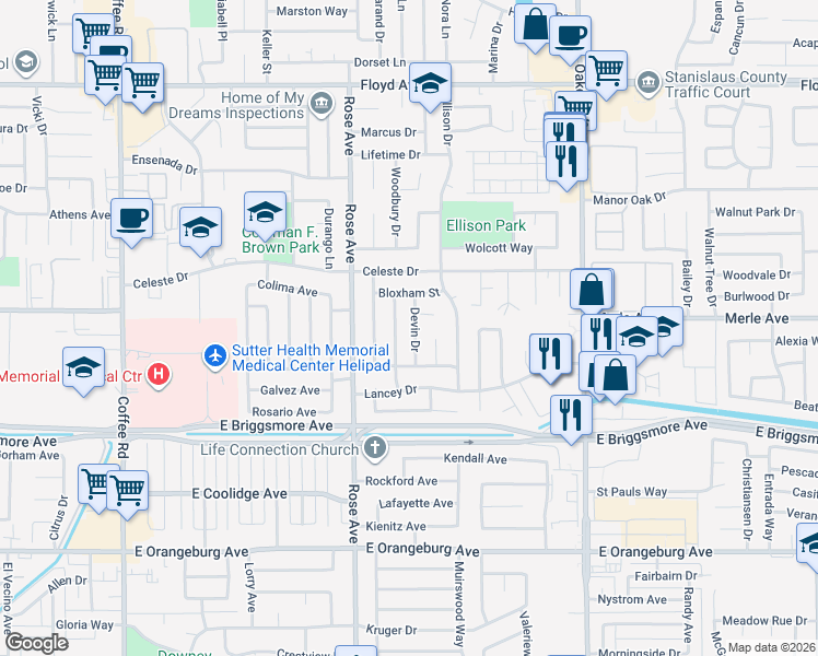 map of restaurants, bars, coffee shops, grocery stores, and more near 1905 Devin Drive in Modesto