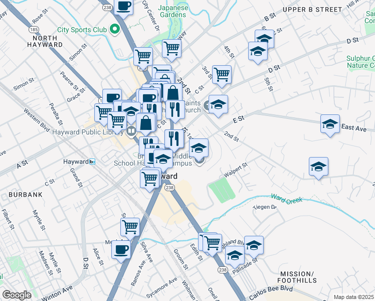 map of restaurants, bars, coffee shops, grocery stores, and more near 1066 Armstrong Street in Hayward