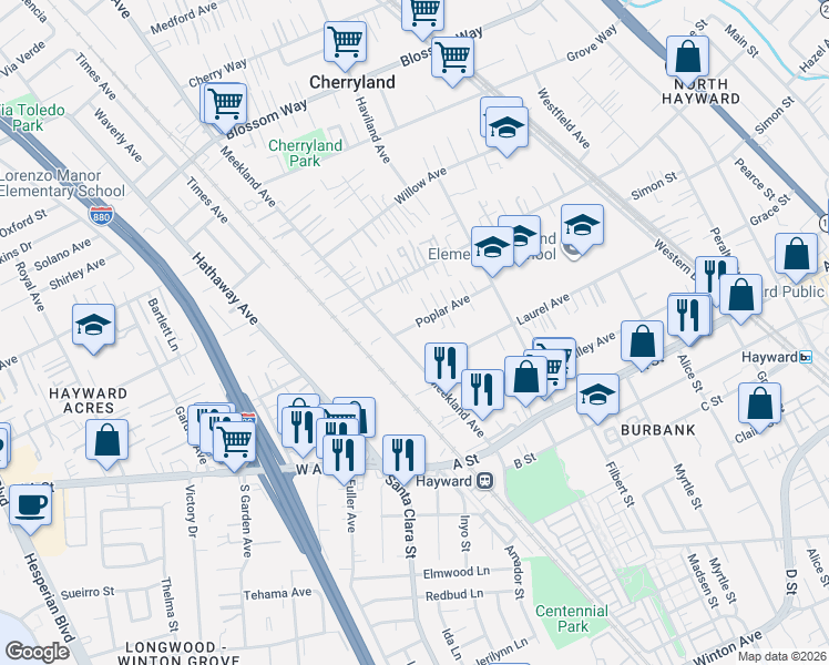 map of restaurants, bars, coffee shops, grocery stores, and more near 172 Poplar Avenue in Hayward