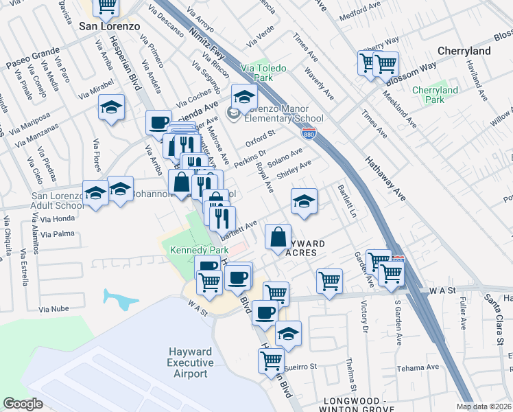 map of restaurants, bars, coffee shops, grocery stores, and more near 568 Shirley Avenue in Hayward