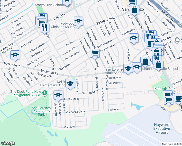 map of restaurants, bars, coffee shops, grocery stores, and more near 17048 Via Del Rey in San Lorenzo