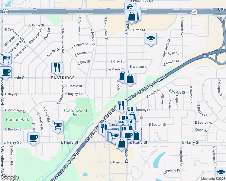 map of restaurants, bars, coffee shops, grocery stores, and more near 934 South Longfellow Lane in Wichita