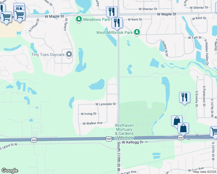 map of restaurants, bars, coffee shops, grocery stores, and more near 12110 Mickey Drive in Wichita