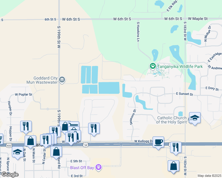 map of restaurants, bars, coffee shops, grocery stores, and more near 1412 East Sunset Court in Goddard