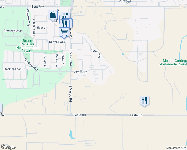 map of restaurants, bars, coffee shops, grocery stores, and more near 2755 Yountville Court in Livermore