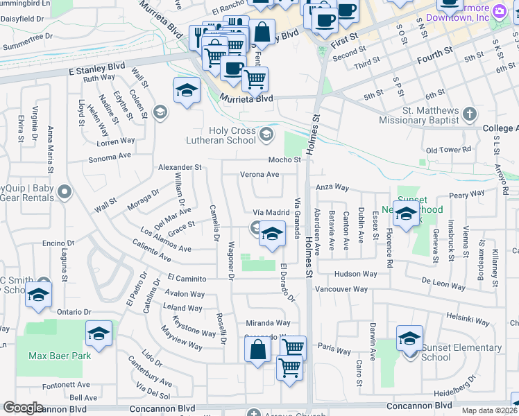 map of restaurants, bars, coffee shops, grocery stores, and more near 1030 Vía Madrid in Livermore