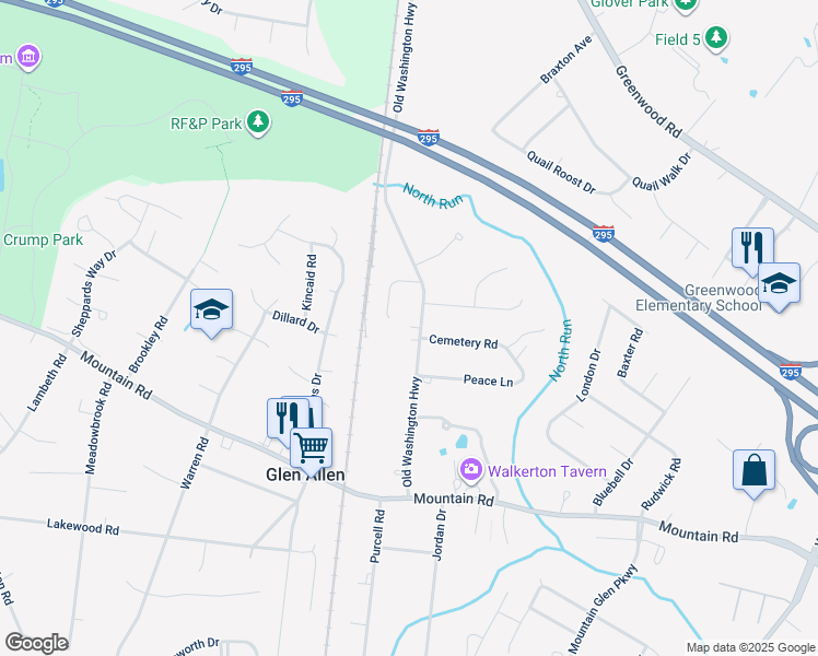 map of restaurants, bars, coffee shops, grocery stores, and more near 10840 Old Washington Highway in Glen Allen
