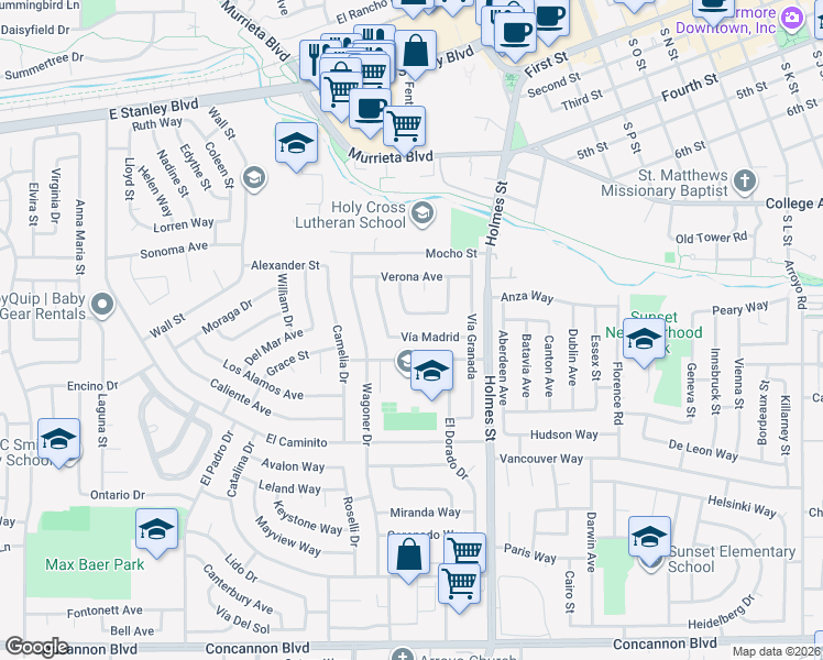 map of restaurants, bars, coffee shops, grocery stores, and more near 1030 Vía Madrid in Livermore