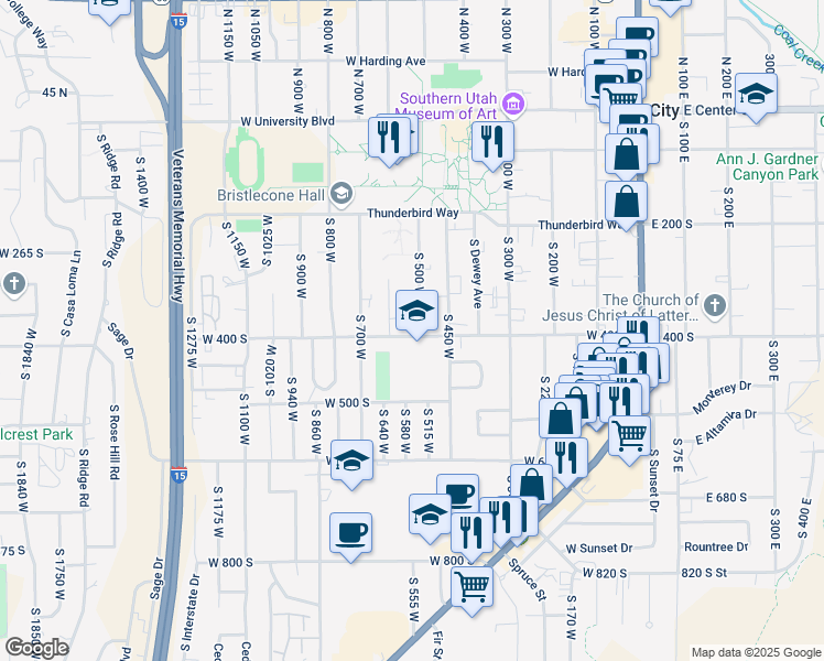 map of restaurants, bars, coffee shops, grocery stores, and more near 394 South 500 West in Cedar City