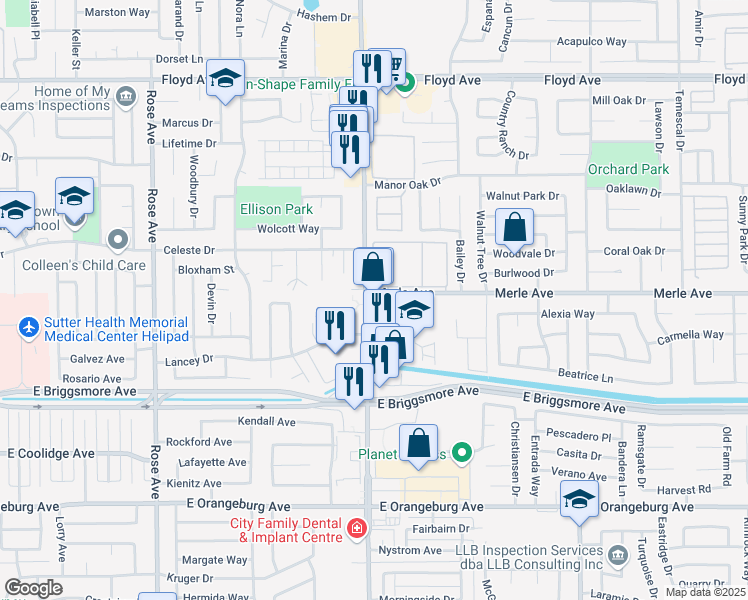map of restaurants, bars, coffee shops, grocery stores, and more near 1800 Oakdale Road in Modesto