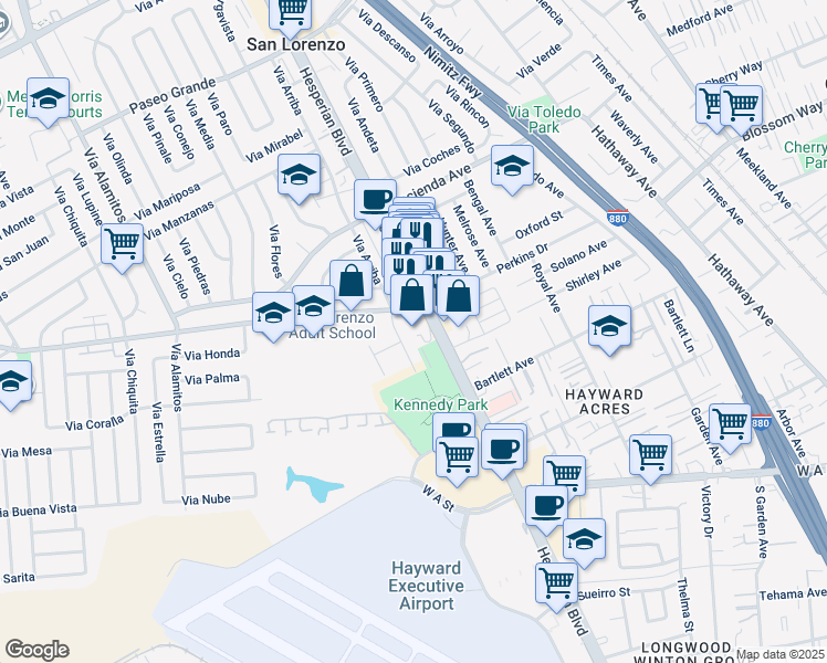 map of restaurants, bars, coffee shops, grocery stores, and more near 676 Bockman Road in San Lorenzo