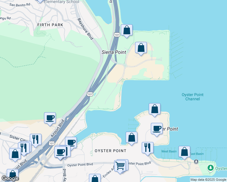 map of restaurants, bars, coffee shops, grocery stores, and more near 5000 Shoreline Court in South San Francisco