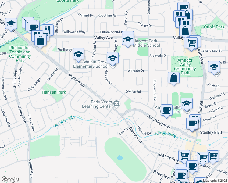 map of restaurants, bars, coffee shops, grocery stores, and more near 5073 Crestwood Court in Pleasanton