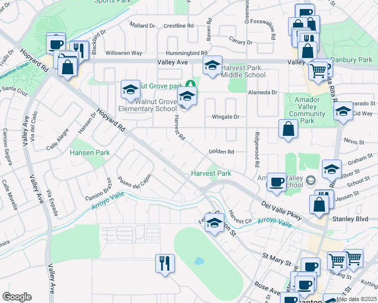 map of restaurants, bars, coffee shops, grocery stores, and more near 5073 Crestwood Court in Pleasanton