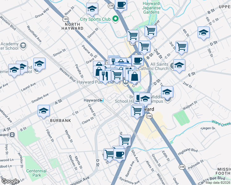 map of restaurants, bars, coffee shops, grocery stores, and more near in Hayward