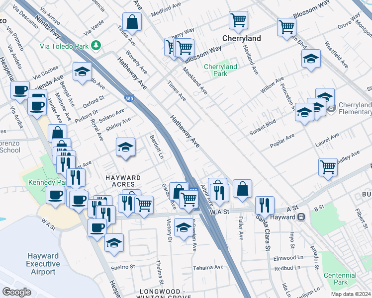 map of restaurants, bars, coffee shops, grocery stores, and more near 257 Flint Court in Hayward