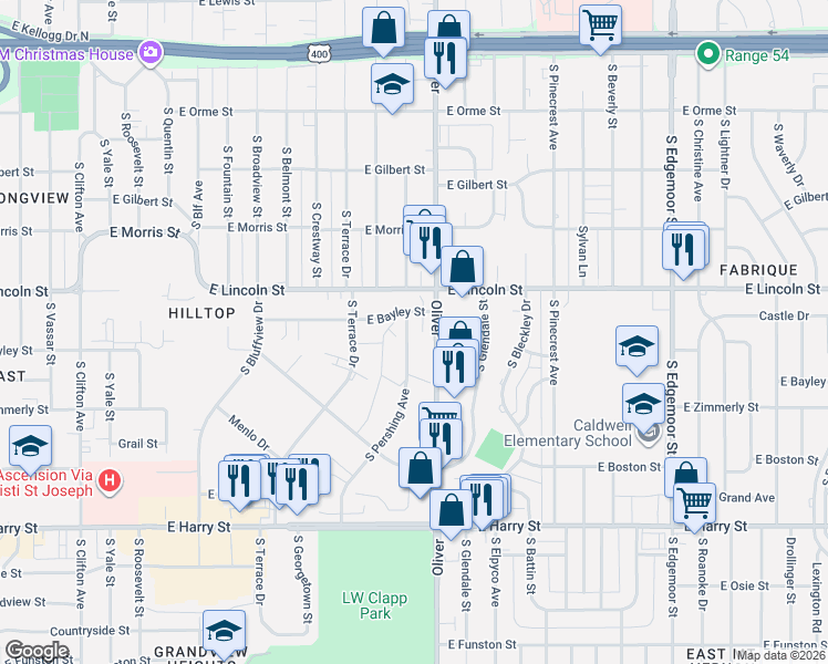 map of restaurants, bars, coffee shops, grocery stores, and more near 4711 East Bayley Street in Wichita