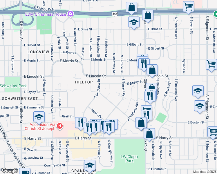 map of restaurants, bars, coffee shops, grocery stores, and more near 4331 East Bayley Street in Wichita