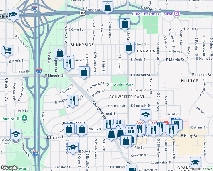 map of restaurants, bars, coffee shops, grocery stores, and more near 2910 East Rivera Street in Wichita