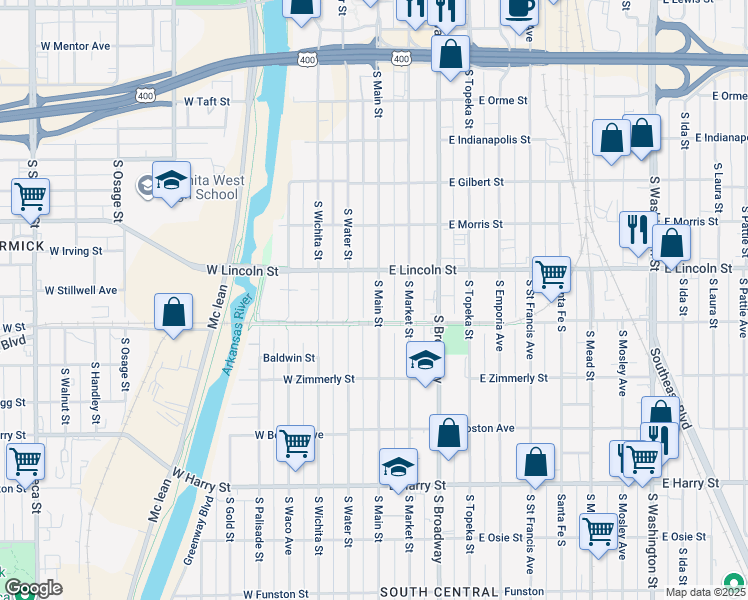 map of restaurants, bars, coffee shops, grocery stores, and more near 1204 South Main Street in Wichita