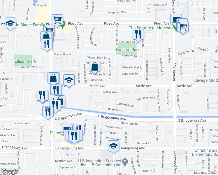 map of restaurants, bars, coffee shops, grocery stores, and more near 2532 Merle Avenue in Modesto