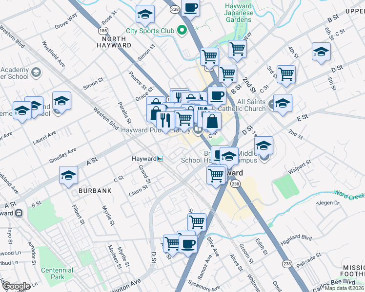 map of restaurants, bars, coffee shops, grocery stores, and more near in Hayward