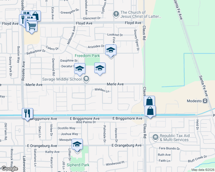 map of restaurants, bars, coffee shops, grocery stores, and more near 1812 Vanowen Court in Modesto