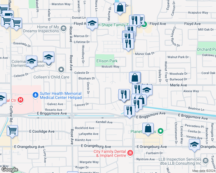 map of restaurants, bars, coffee shops, grocery stores, and more near 2009 Tunstead Lane in Modesto