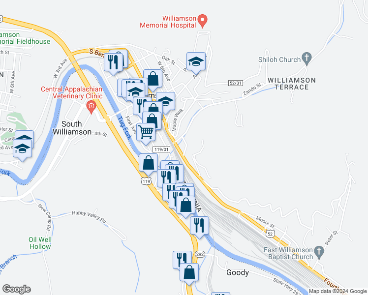 map of restaurants, bars, coffee shops, grocery stores, and more near U.S. 52 in Williamson