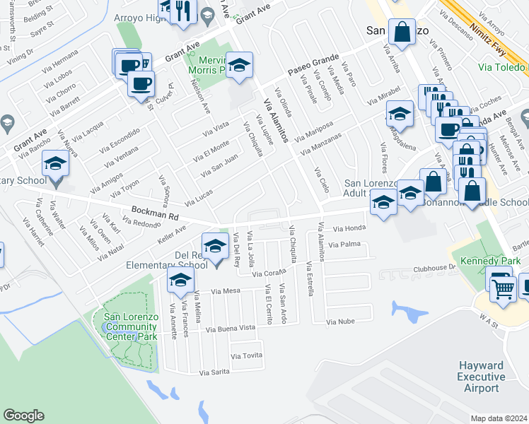 map of restaurants, bars, coffee shops, grocery stores, and more near 17048 Via Del Rey in San Lorenzo