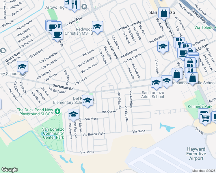 map of restaurants, bars, coffee shops, grocery stores, and more near 1233 Bockman Road in San Lorenzo