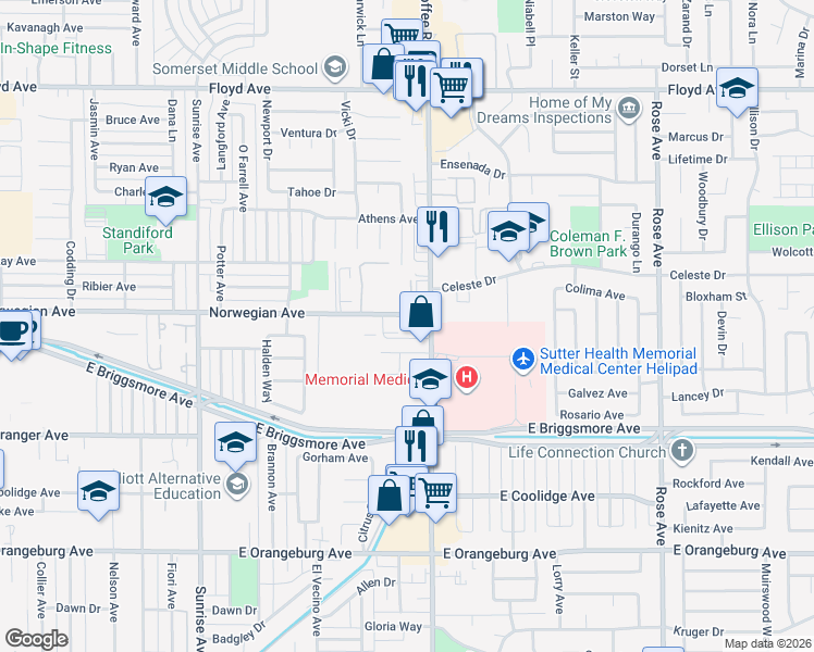 map of restaurants, bars, coffee shops, grocery stores, and more near 1801 Coffee Road in Modesto