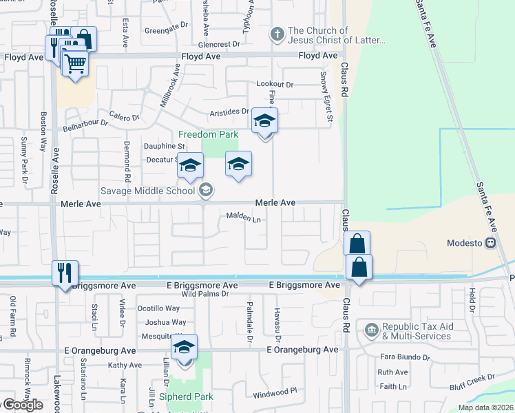 map of restaurants, bars, coffee shops, grocery stores, and more near 1812 Vanowen Court in Modesto