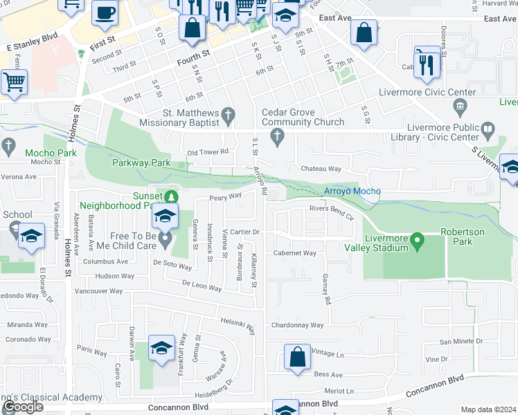 map of restaurants, bars, coffee shops, grocery stores, and more near 1963 De Vaca Way in Livermore