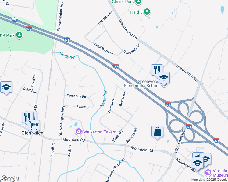 map of restaurants, bars, coffee shops, grocery stores, and more near 10914 London Drive in Glen Allen
