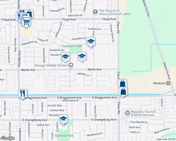 map of restaurants, bars, coffee shops, grocery stores, and more near 1812 Vanowen Court in Modesto